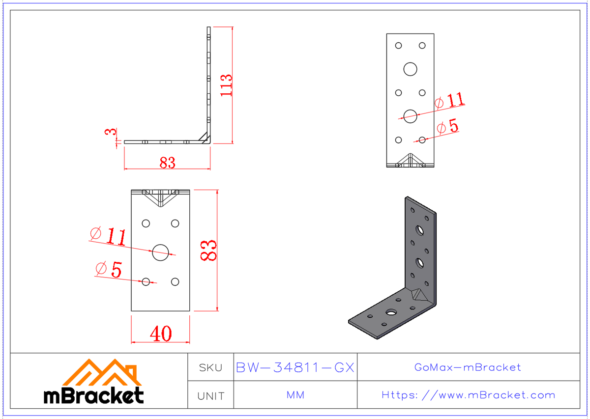 角码连接件 L型角铁 建筑结构加固五金配件 - 3*40*80*110 产品尺寸图