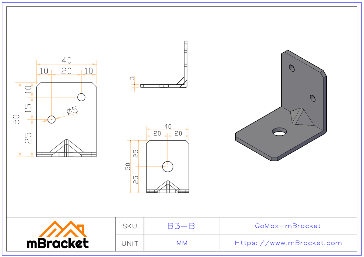 L型角码连接件 - 3*40*50*50 产品尺寸图