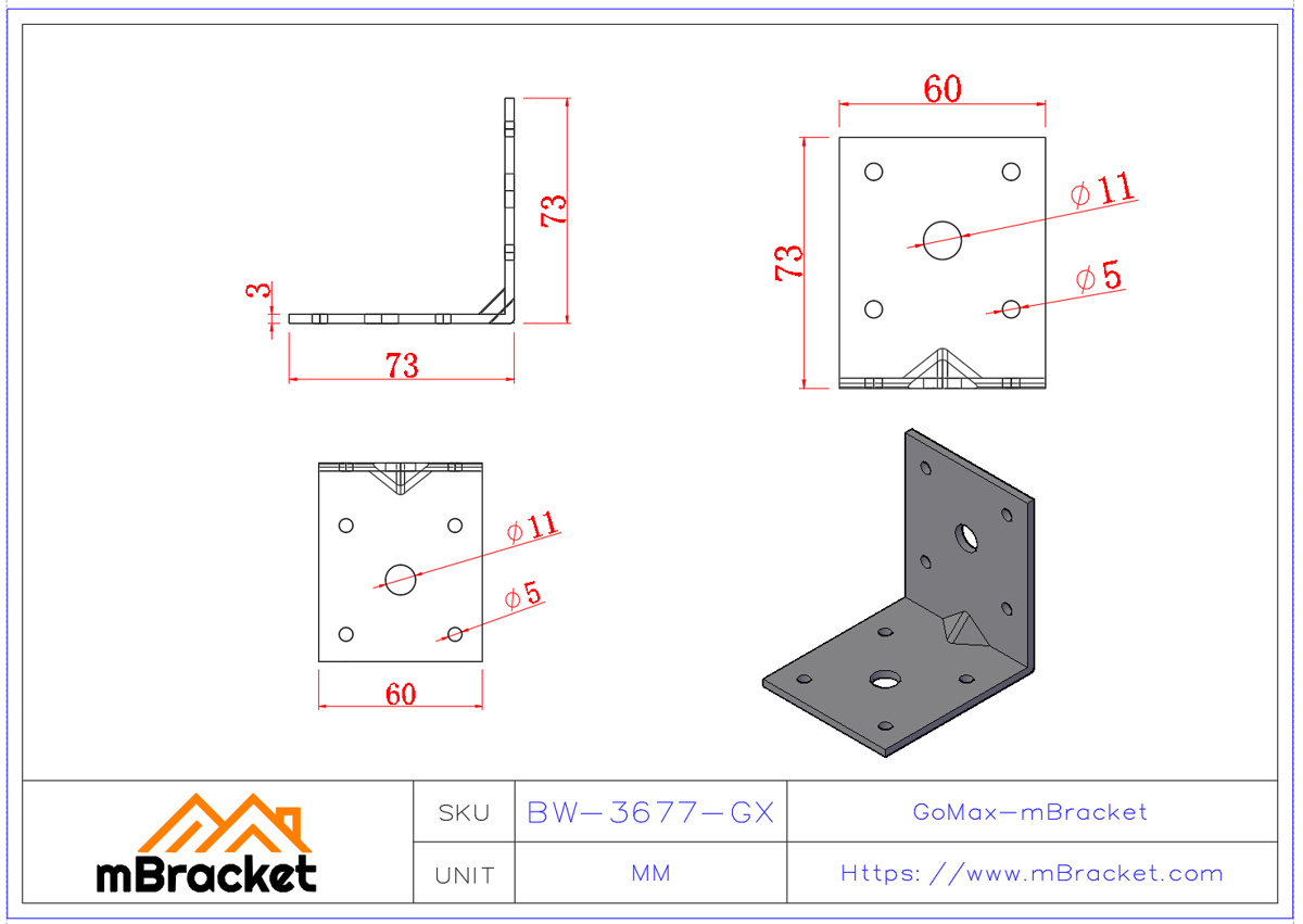 角码连接件 L型角铁 建筑结构加固五金配件 - 3*60*70*70 产品尺寸图