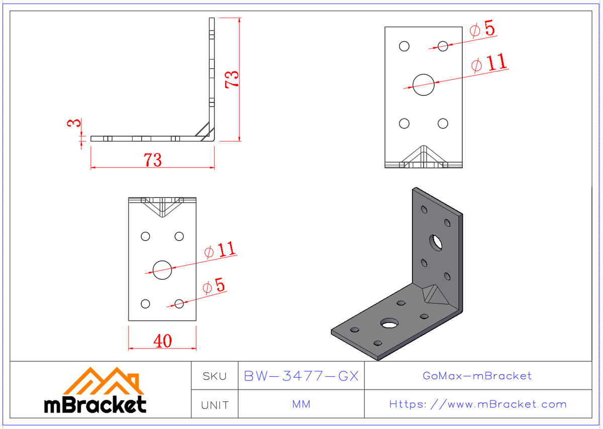 角码连接件 L型角铁 建筑结构加固五金配件 - 3*40*70*70 产品尺寸图