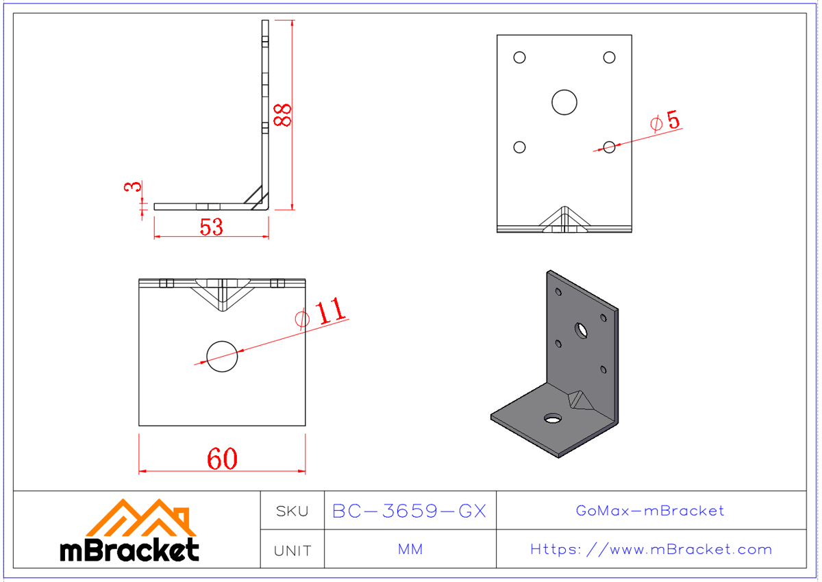 角码连接件 L型角铁 建筑结构加固五金配件 - 3*60*50*90 产品尺寸图