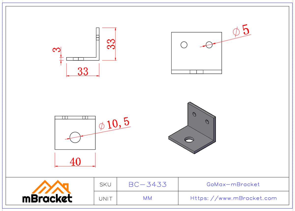 L型角碼連接件 - 3*40*35*35 產品尺寸圖