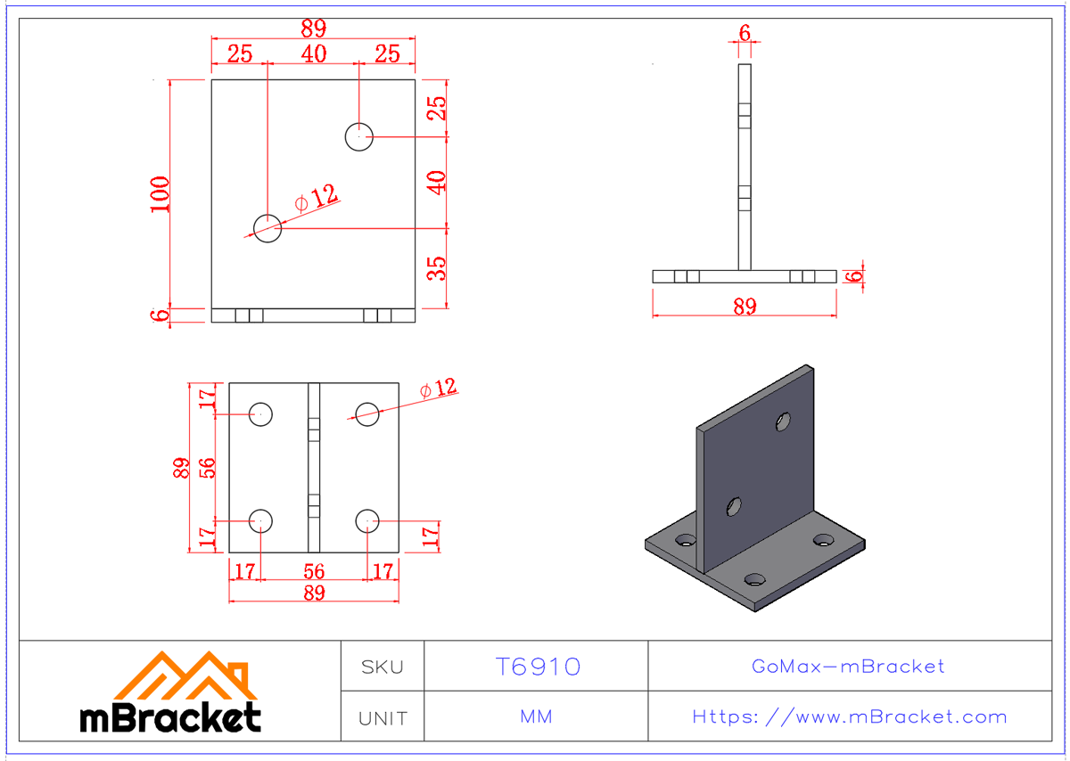 Conector de poste en T, escuadra oculta, herraje de conexión poste de madera-suelo - 6*89*89*100 Dimensiones del producto