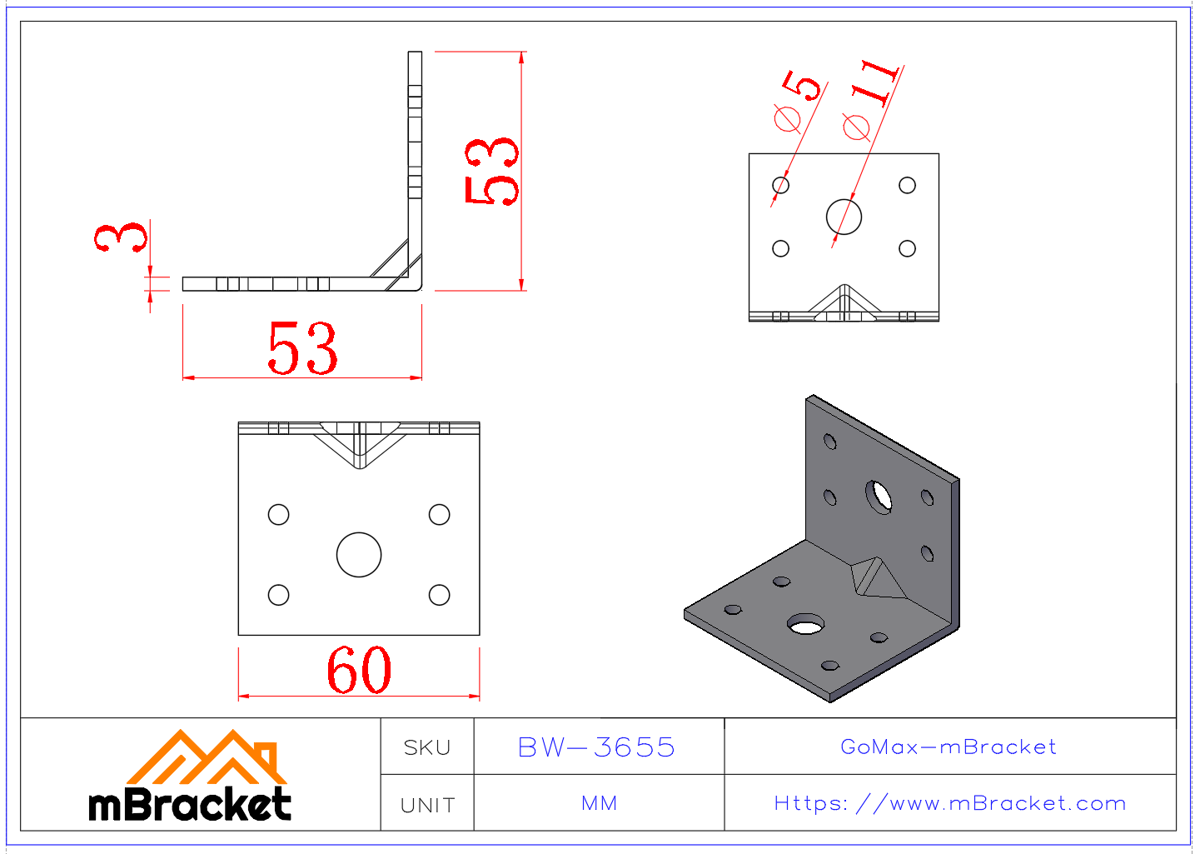 L型アングルブラケット 構造接続部品 建築構造補強金具 - 3*60*50*50 製品寸法図