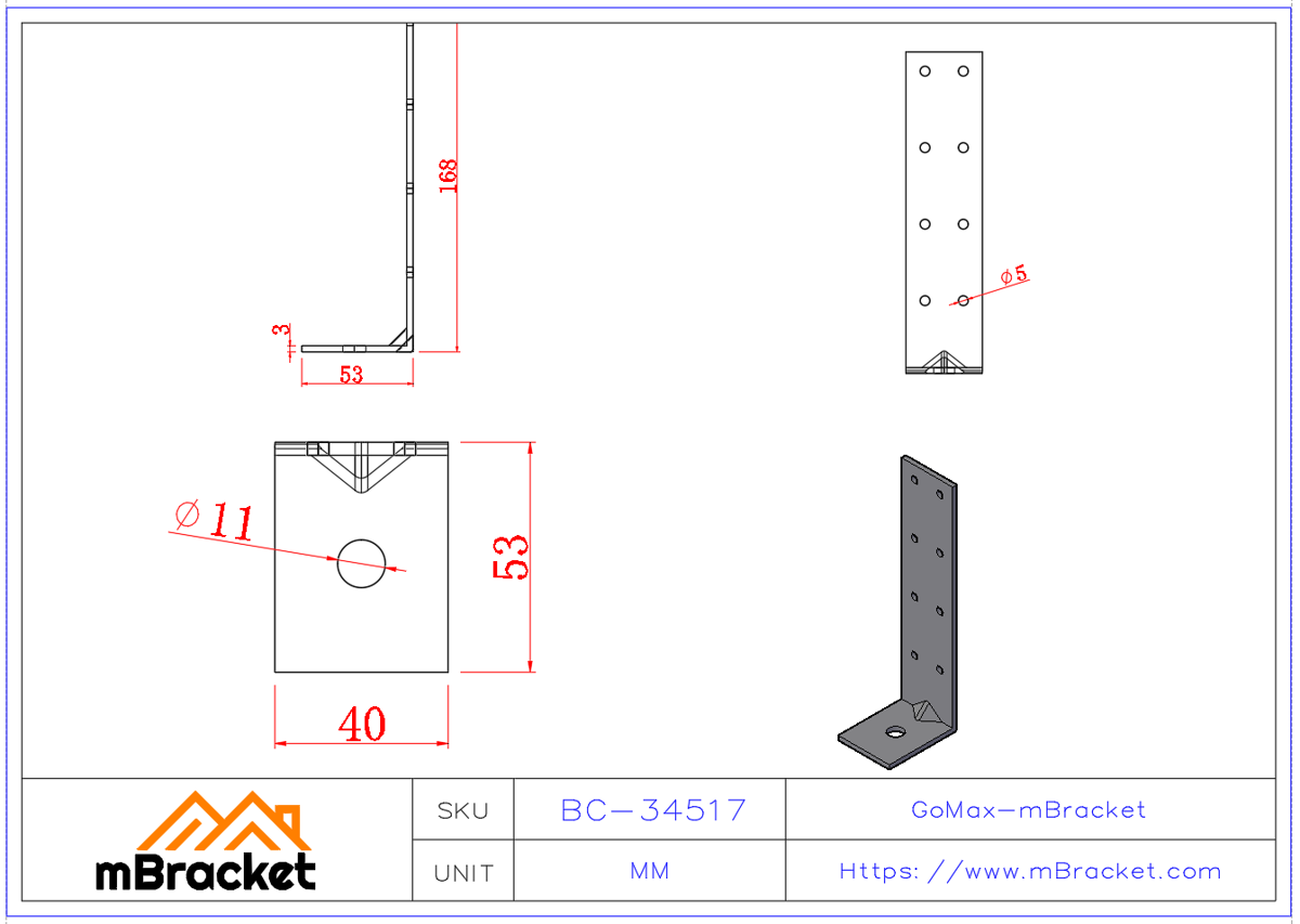 L-förmiger Winkelverbinder Baustrukturverstärkungswinkel - 3*40*50*170 Produktabmessungen