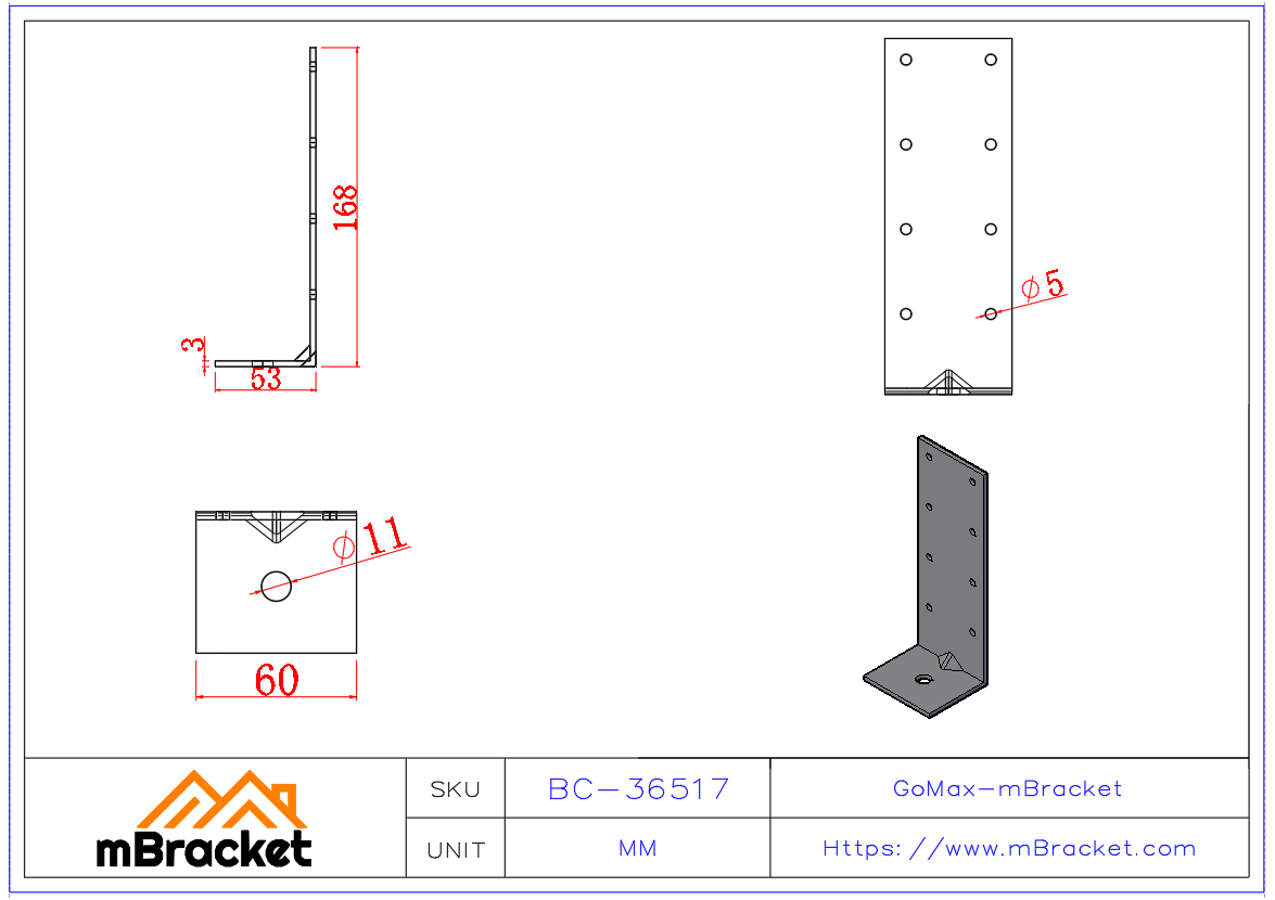 موصل رفع خفيف / زاوية توصيل للصلب الخفيف - 3*60*50*170 أبعاد المنتج