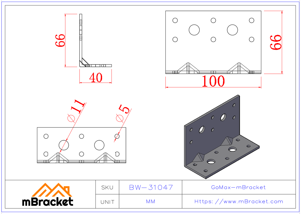 L-förmiger Winkelverbinder Winkelverbindungselemente Baukonstruktionsverstärkung Metallwaren-Zubehör - 3*100*40*66 Produktabmessungen