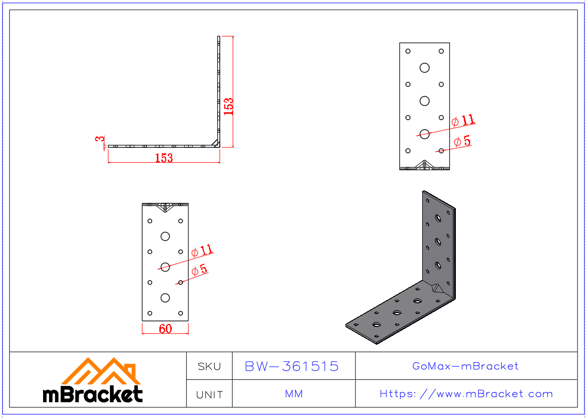 Verlängerte L-förmige Winkelverbinder - 3*60*150*150 Produktabmessungen