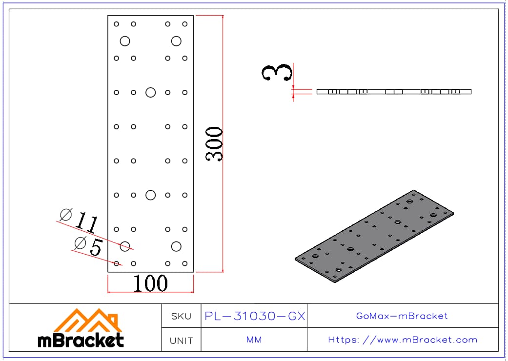 Placa Conectora Plana para Viga, Reforço de Estruturas de Aço e Madeira - 3*100*300 Dimensões do produto