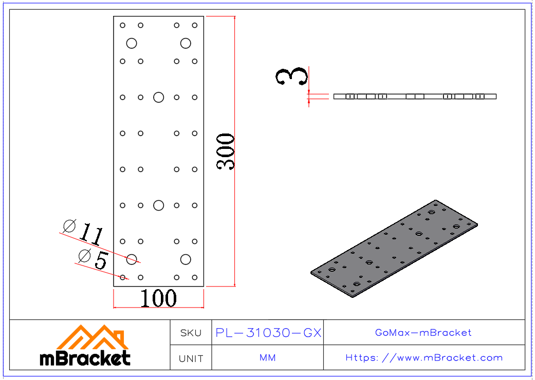 Placa Conectora Plana para Viga, Reforço de Estruturas de Aço e Madeira - 3*100*300 Dimensões do produto