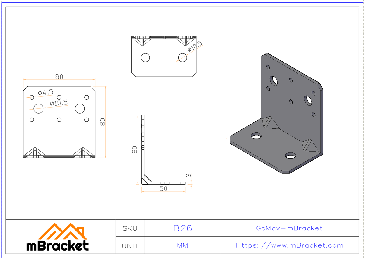 L-Winkel Pfosten-Boden-Verbinder Struktur-Hardware - 3*80*50*80 Produktabmessungen