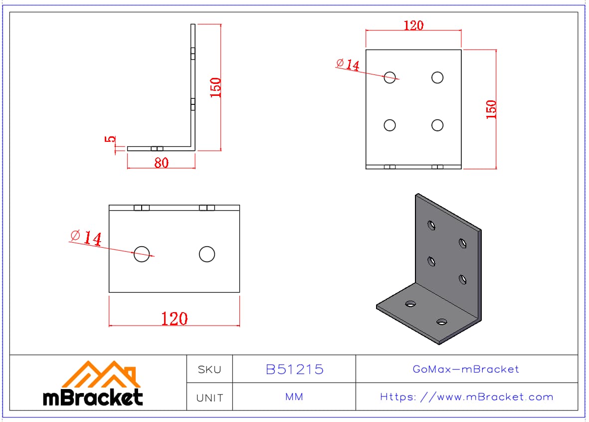 Équerre Lourde Connecteur de Renforcement pour Structure en Bois - 5*120*80*150 Dimensions du produit
