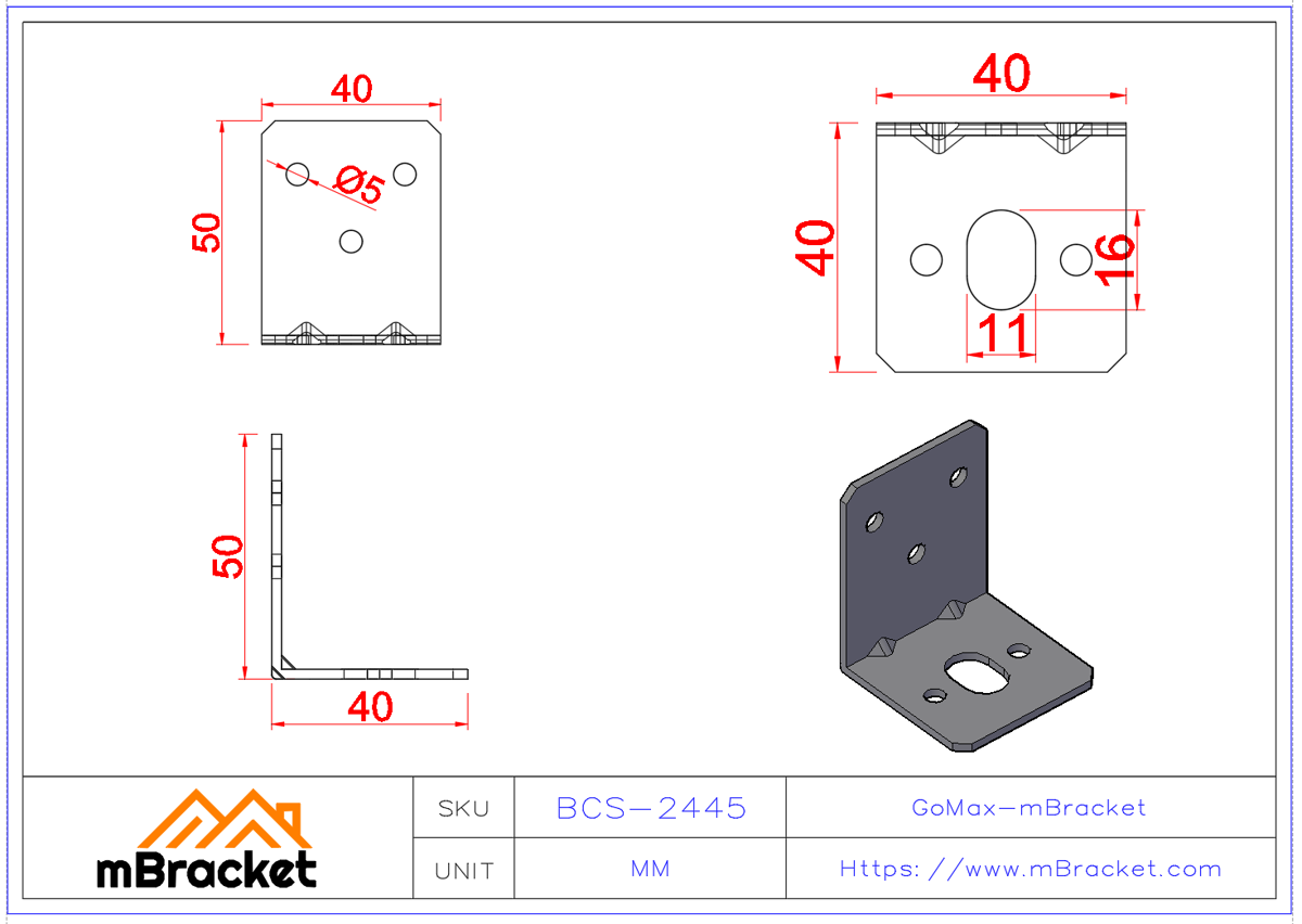 小型角码 L型连接件 角铁 - 2*40*40*50 产品尺寸图