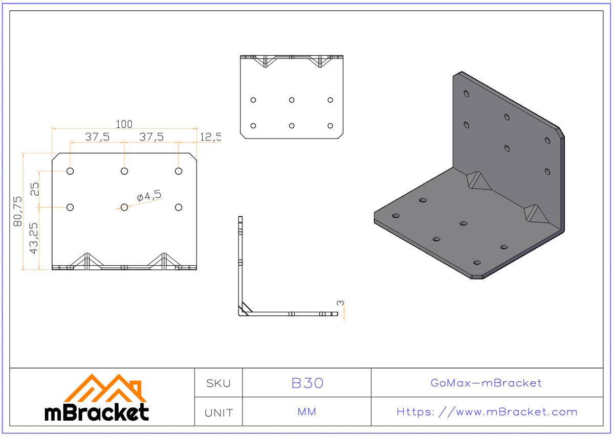 L-förmiger Winkelverbinder für Holzkonstruktionen - 3*100*80*80 Produktabmessungen