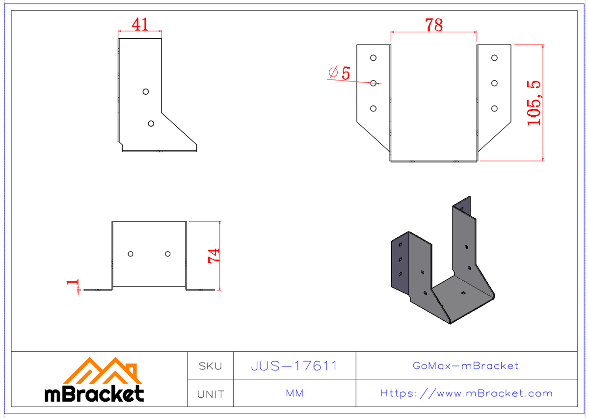 موصل حامل العارضة على شكل U هيكل خشبي قوس تثبيت العارضة-العمود - 1*76*110 أبعاد المنتج