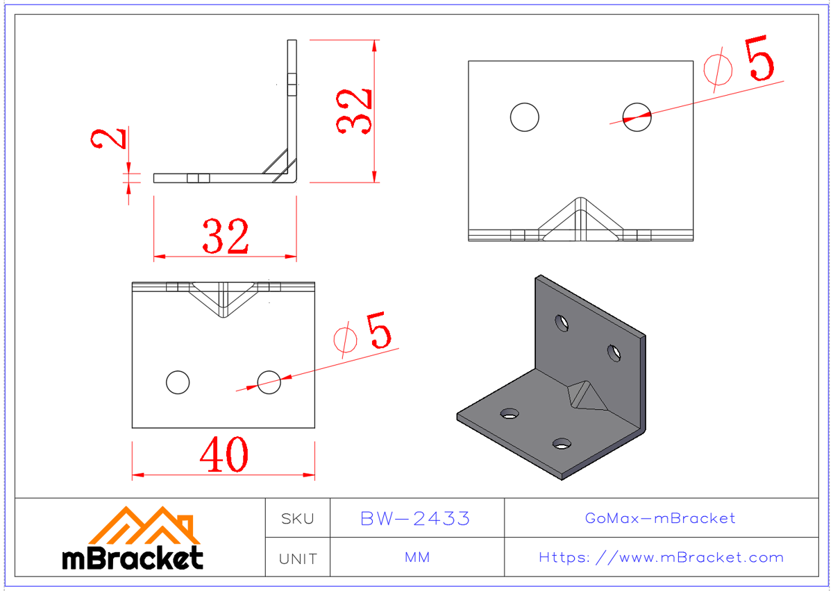 小型角码连接件 - 2*40*32*32 产品尺寸图