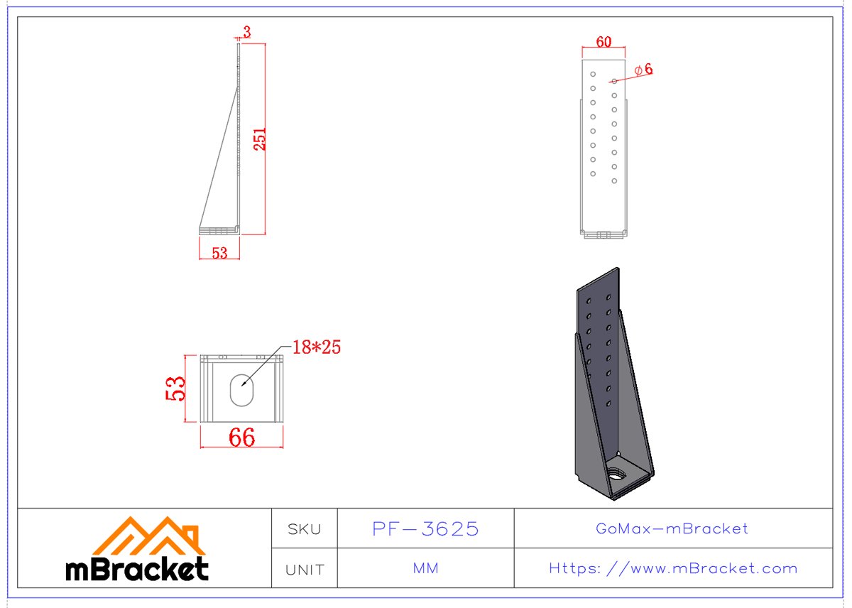 輕鋼結構抗拔緊固件/柱腳連接件 - 3*66*251 產品尺寸圖