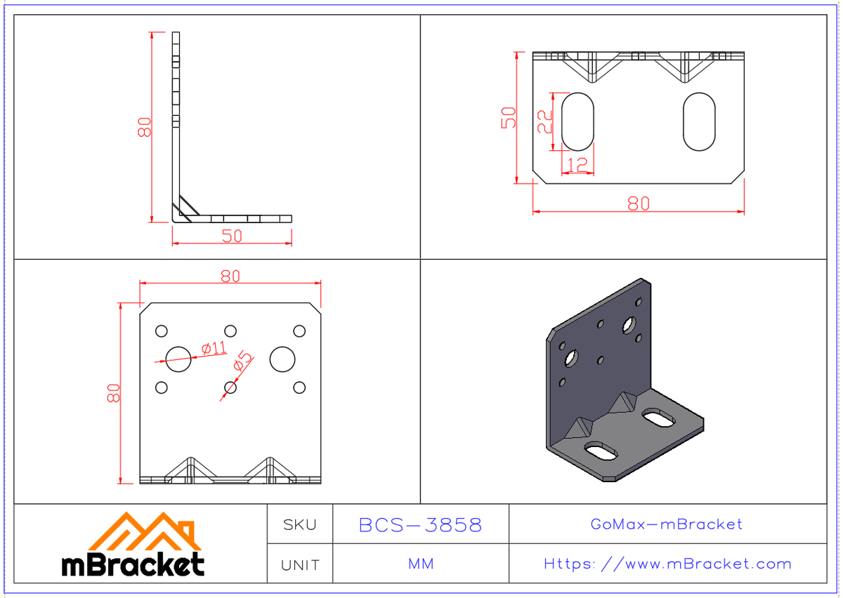 Mittlerer Winkelverbinder L-förmiger Stahlverbinder - 3*80*50*80 Produktabmessungen