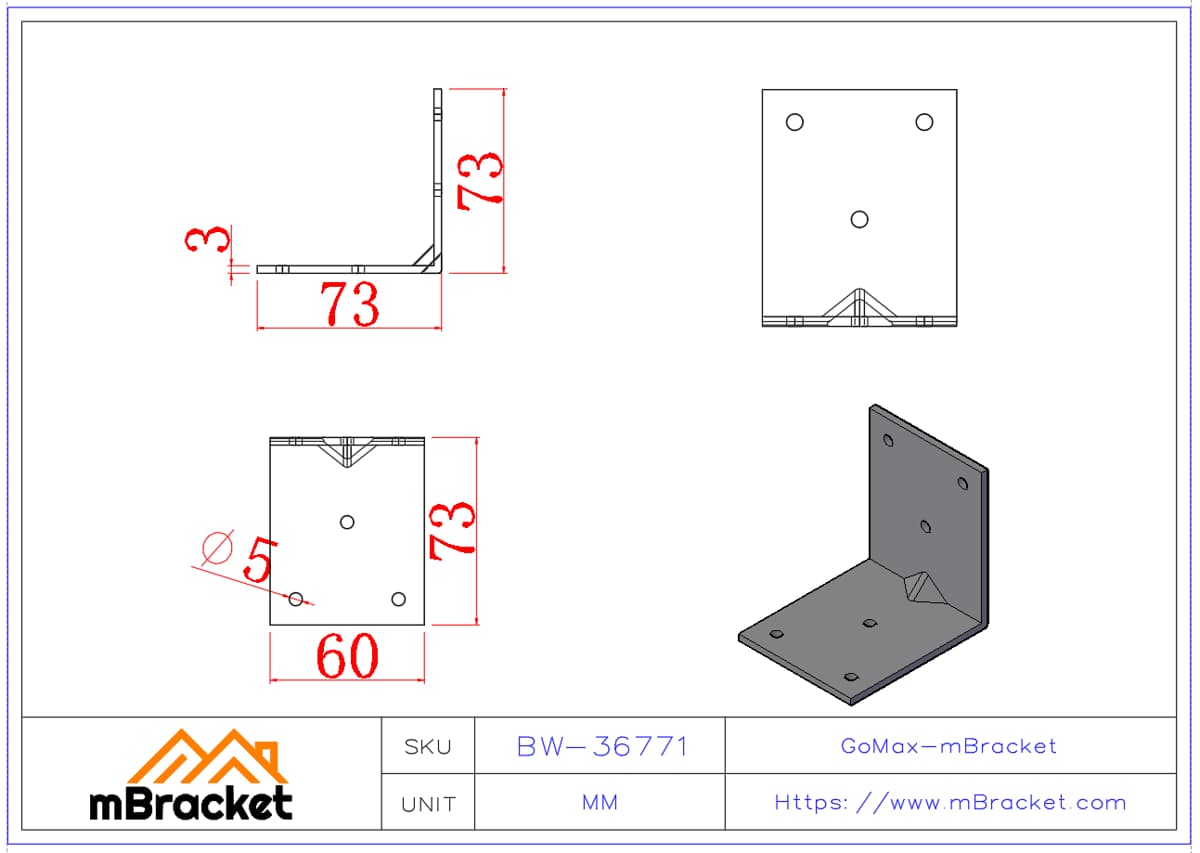 Connecteur d'angle en L Renfort structurel en fer d'angle - 3*60*73*73 Dimensions du produit