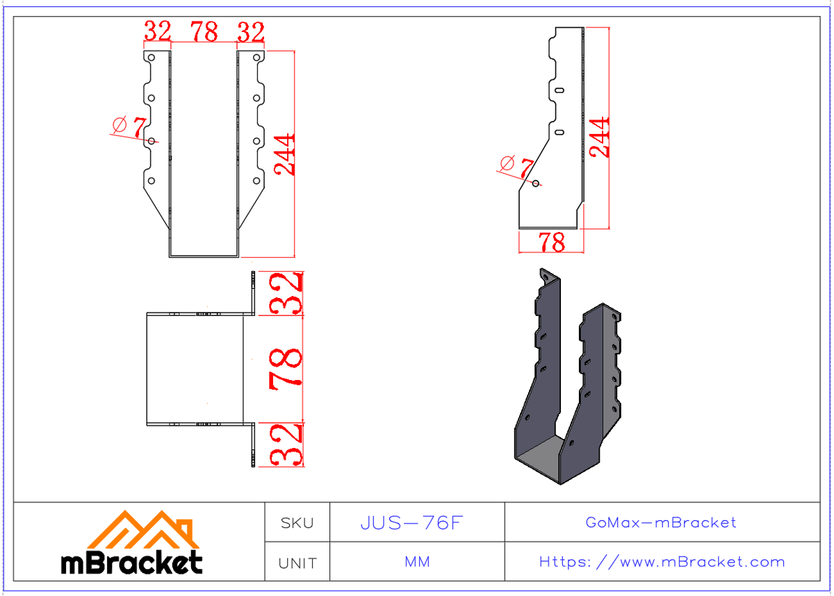Conector de viga U-soporte Accesorios metálicos para villa de estructura de madera - 2*76*244 Dimensiones del producto