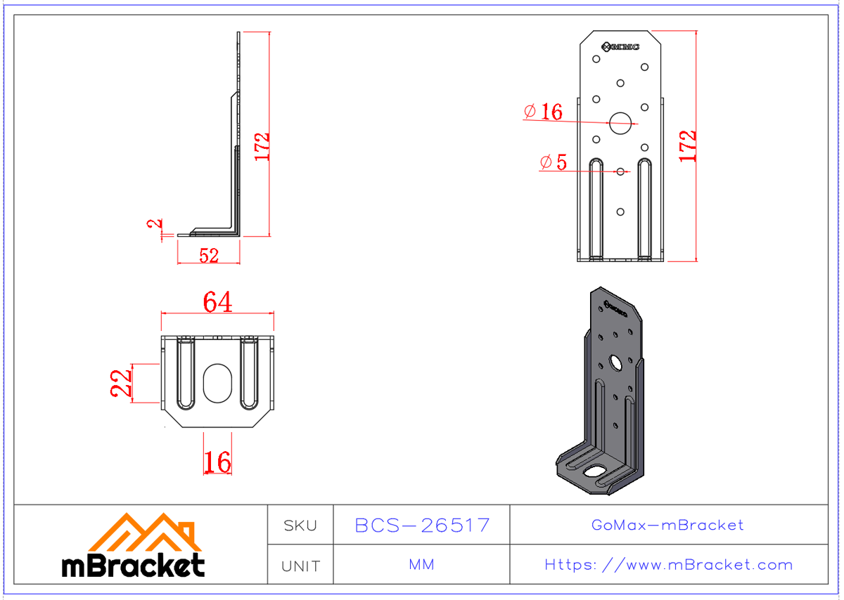 Conector de levantamiento de acero ligero / Conector de levantamiento ligero - 2*64*52*172 Dimensiones del producto