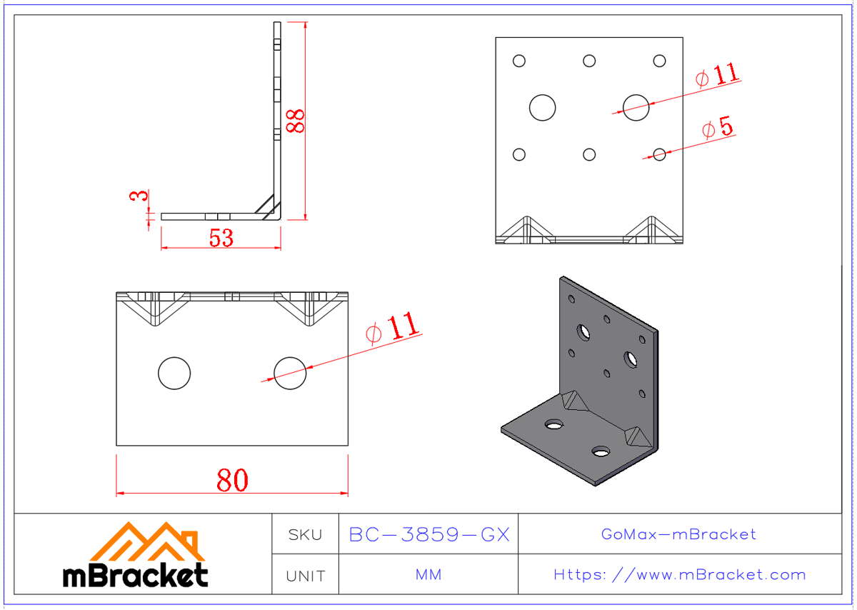 Winkelverbinder L-förmiger Stahlwinkel Baustrukturverstärkungshardware - 3*80*50*90 Produktabmessungen
