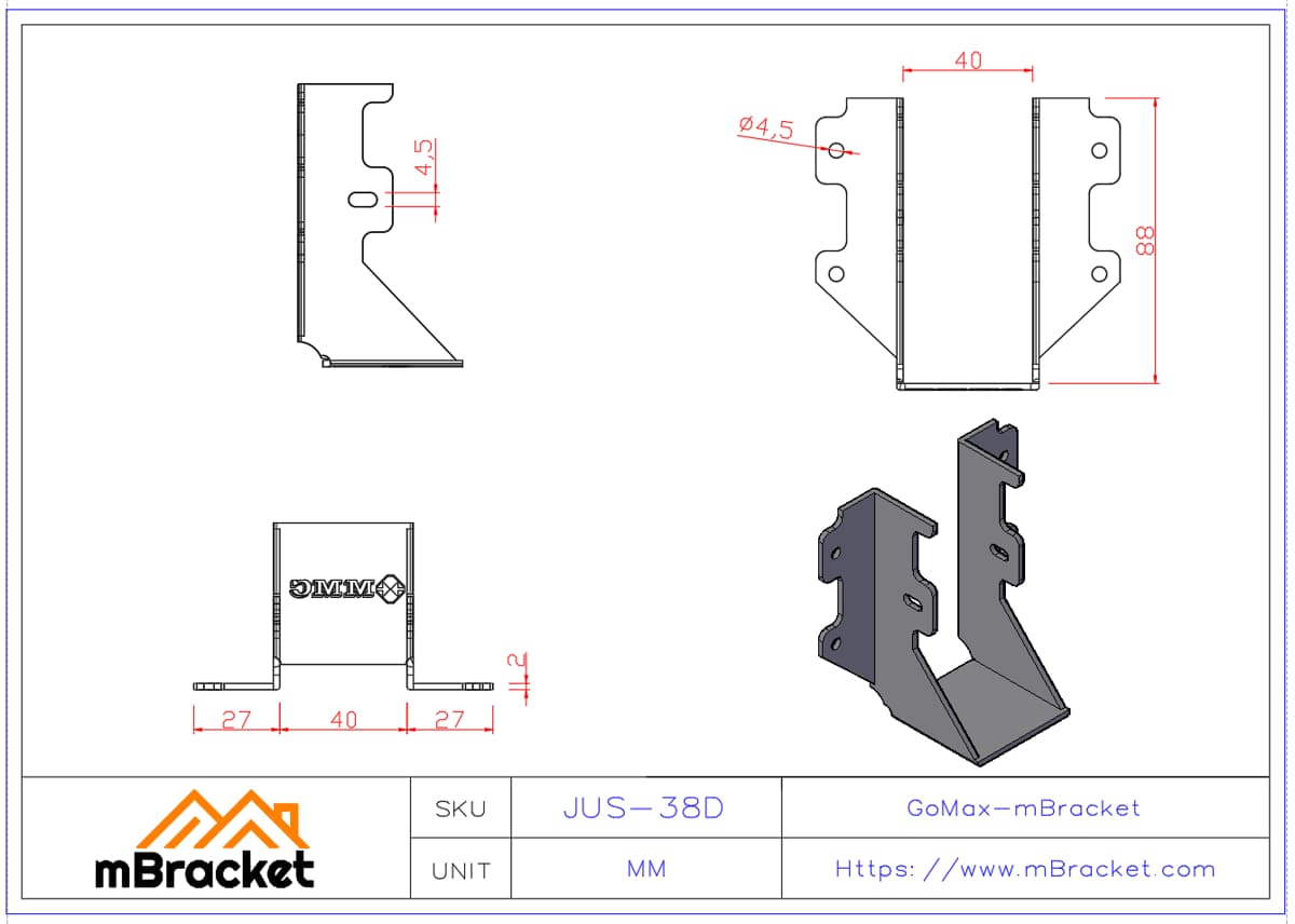 Conector de Suspensão em Forma de U para Viga Conexão Horizontal Viga-a-Viga para Estruturas de Madeira - 2*38*89 Dimensões do produto