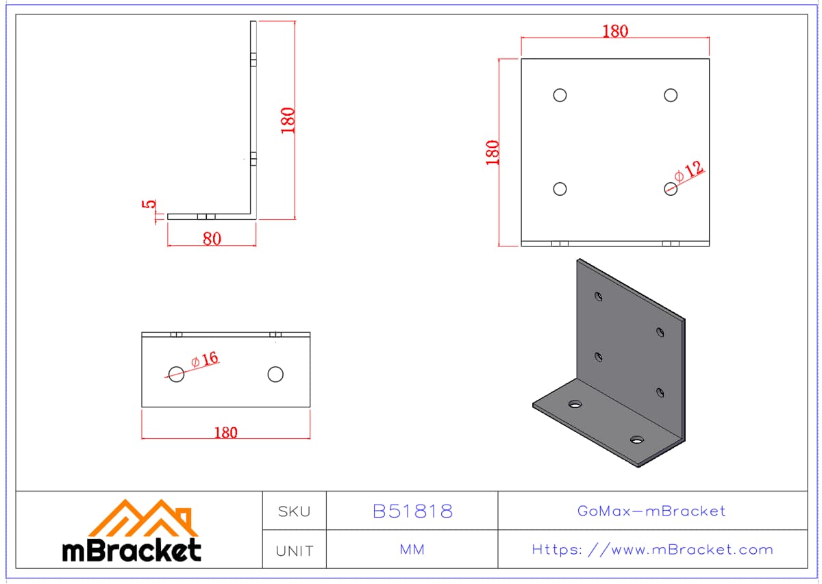Schwerlast-Winkelverbinder Verdickter Holzstruktur-Verbinder - 5*180*80*180 Produktabmessungen