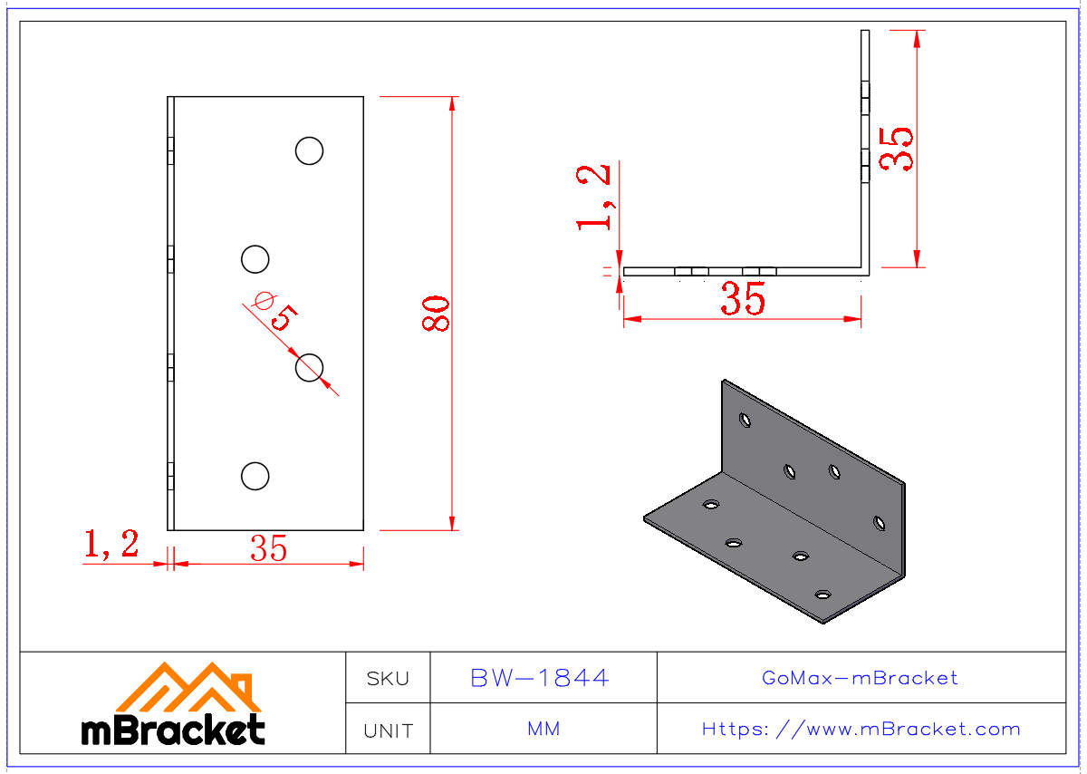 Conector de Ângulo em Aço Leve Tipo L - 1.2*80*36*36 Dimensões do produto