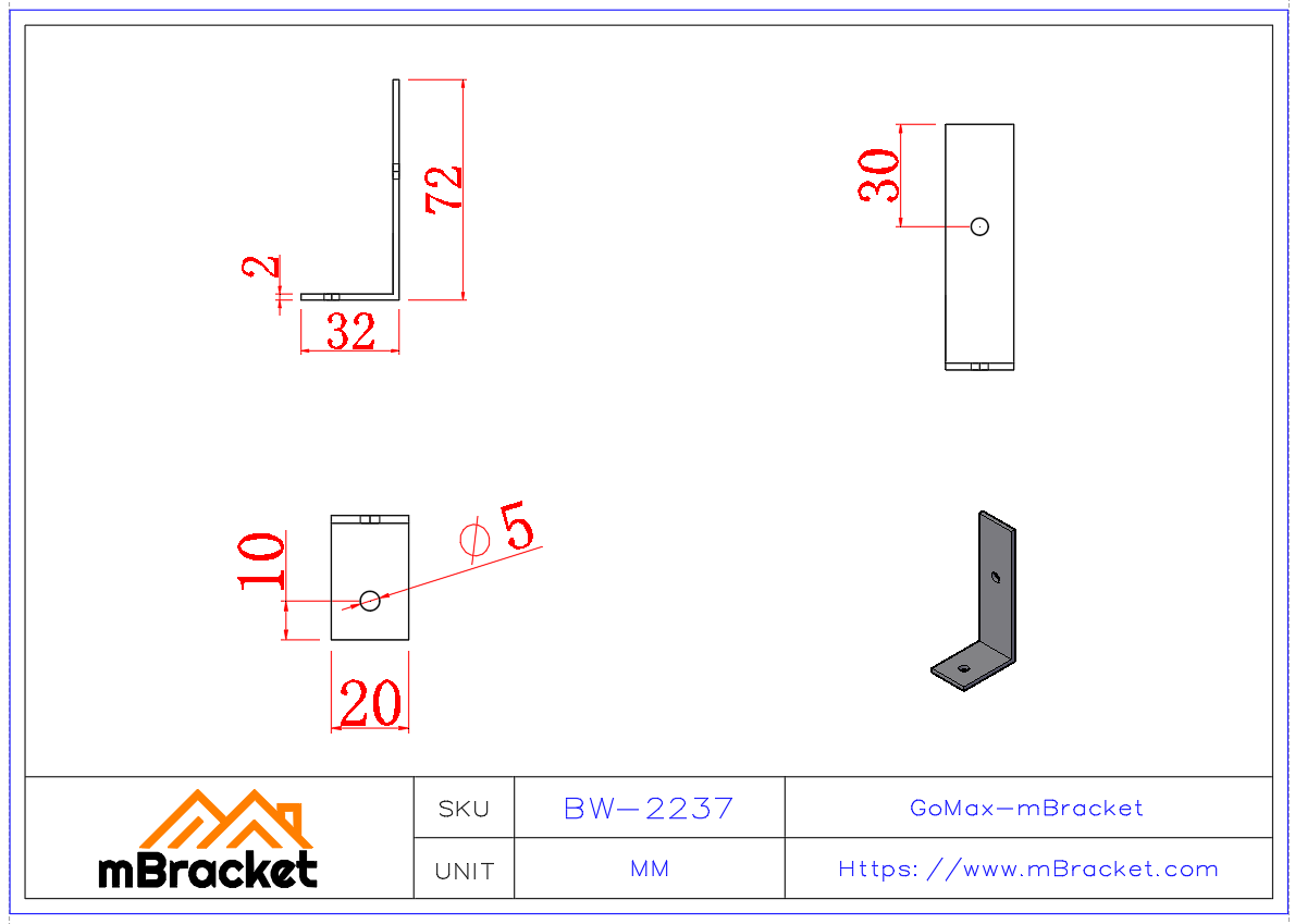 小型角碼連接件 - 2*20*30*70 產品尺寸圖