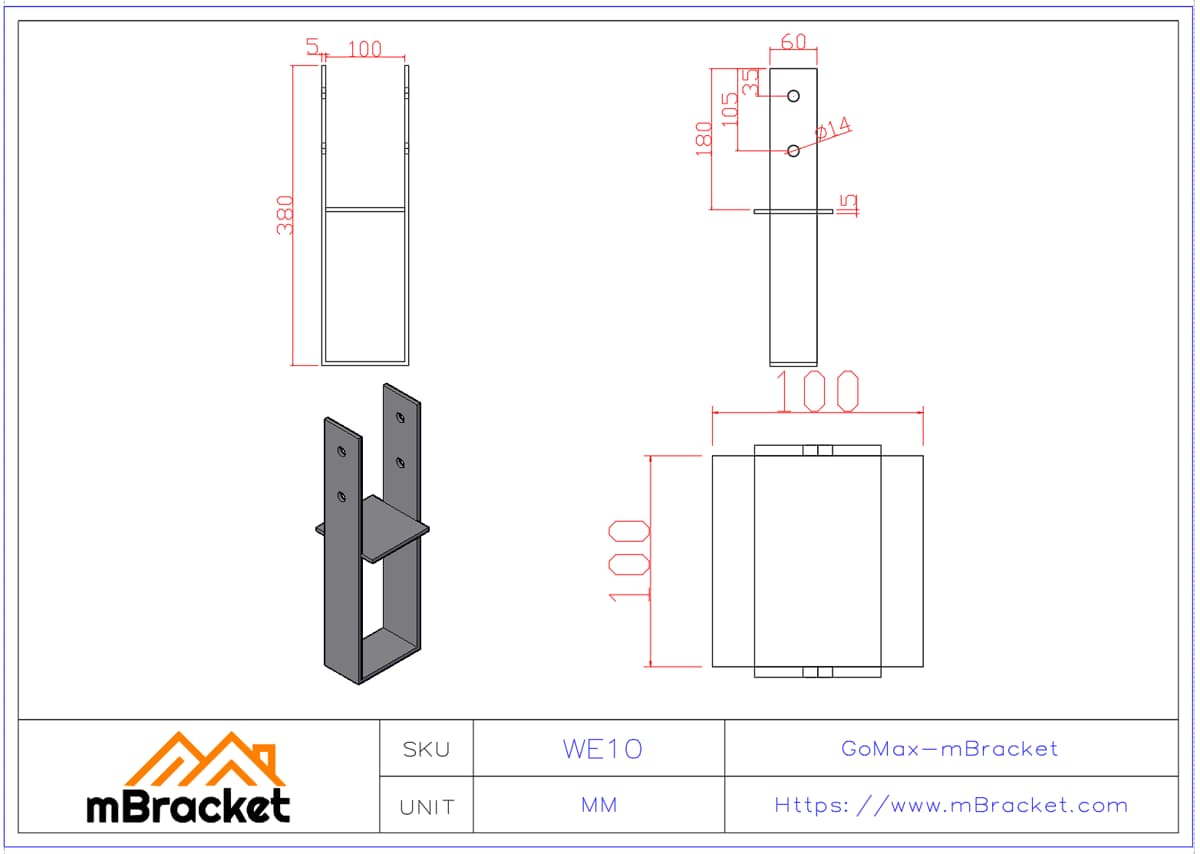 Base de empotramiento fija para columna, Conector de pie de columna, Base empotrada para estructura de acero - 5*100*380 Dimensiones del producto