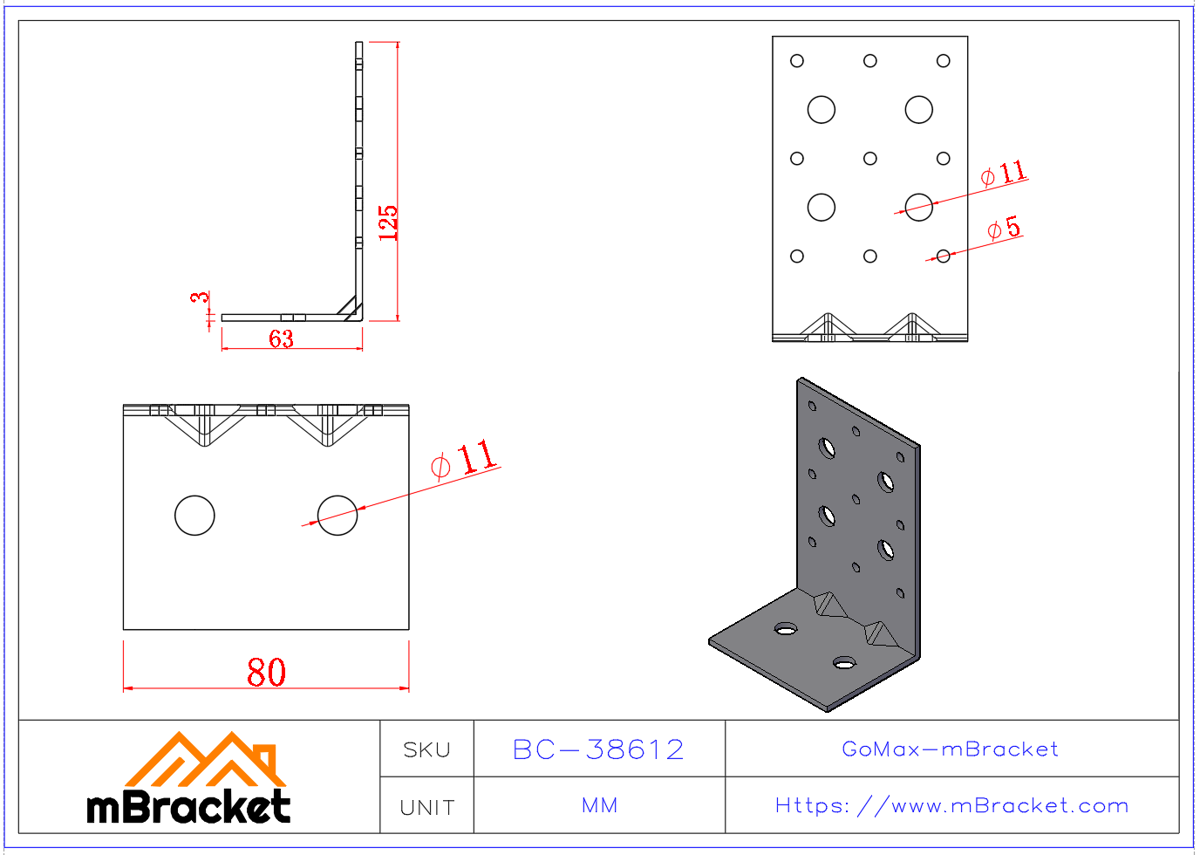 L-förmiger Winkelverbinder Baustruktur-Verstärkungshardware - 3*80*60*125 Produktabmessungen