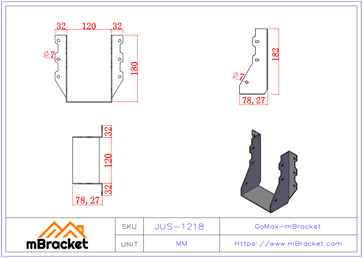 Suporte em U para Viga Conector Horizontal para Estrutura de Madeira - 2*120*180 Dimensões do produto