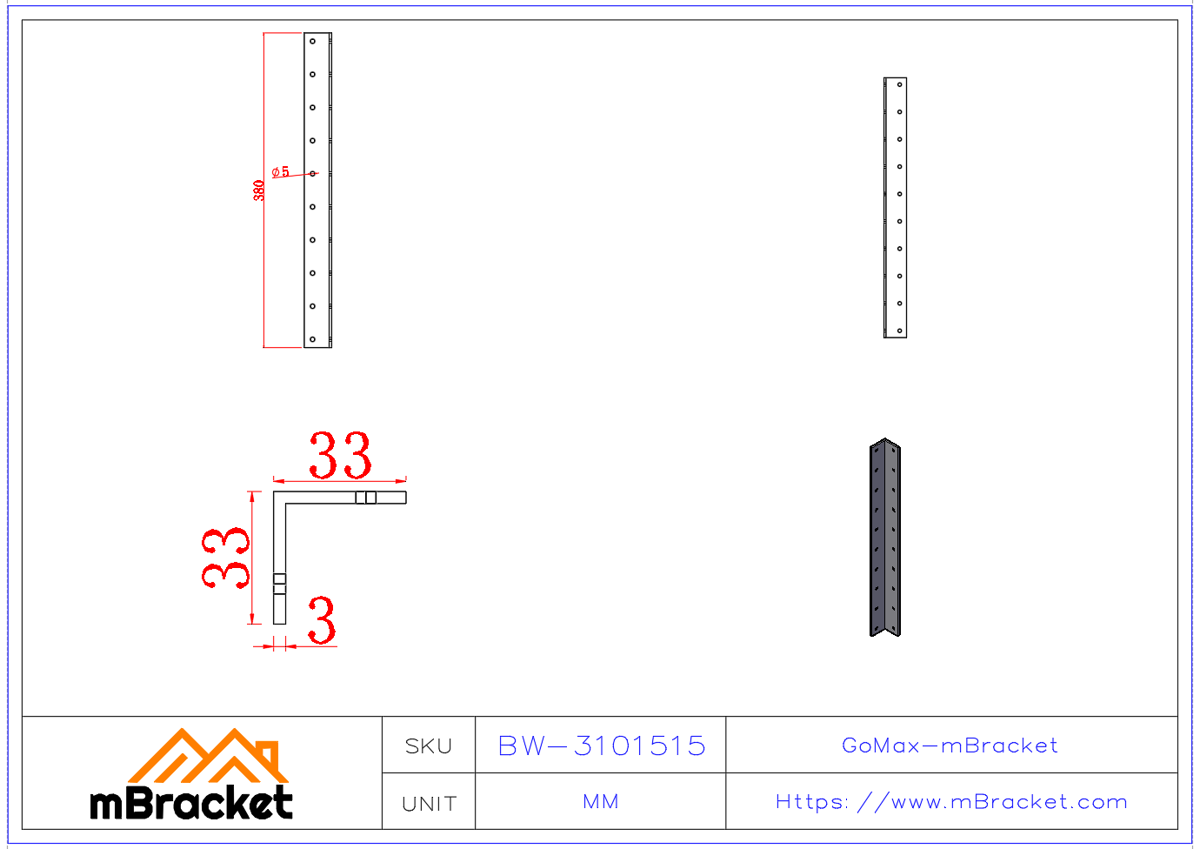Verlängerter Winkelverbinder Stahlverbindung L-Typ Wandwinkelverstärkung - 3*380*33*33 Produktabmessungen