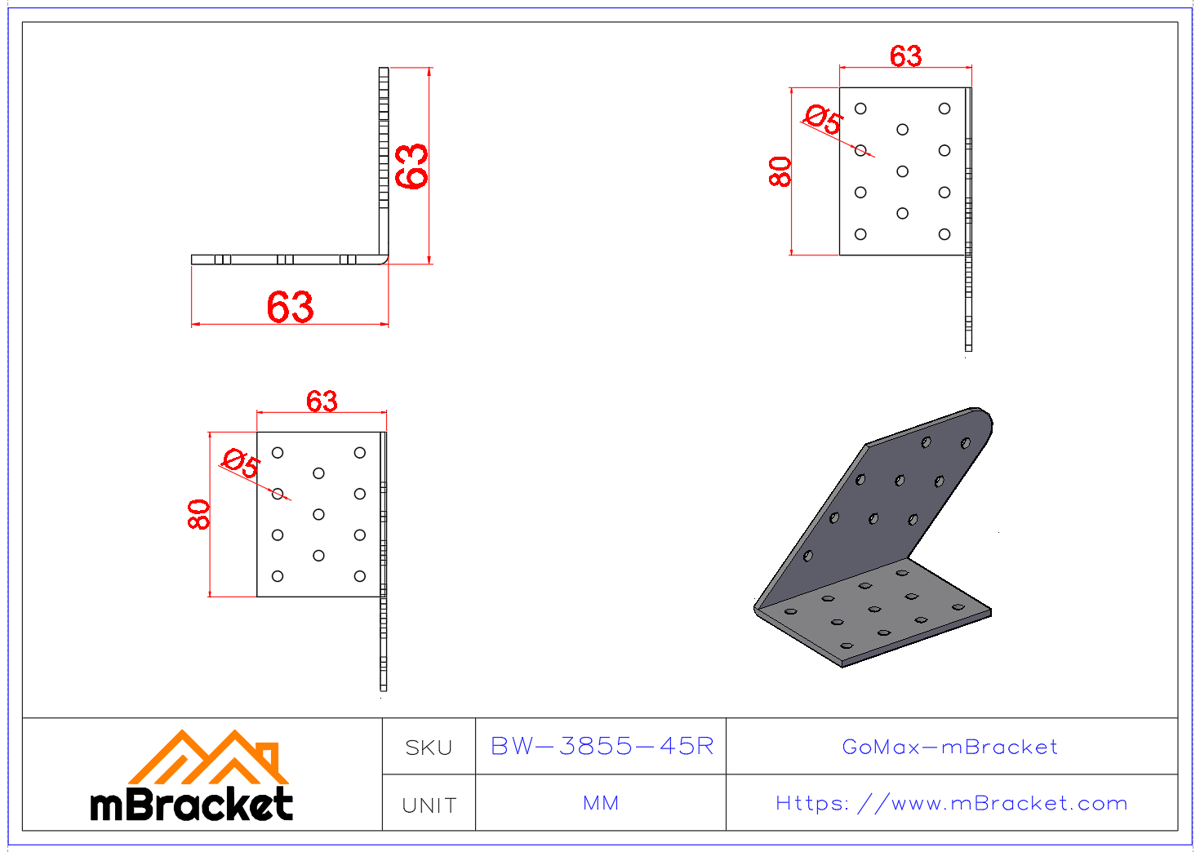 45度アングルブラケット 斜めコネクター 右向き - 3*80*60*60 製品寸法図