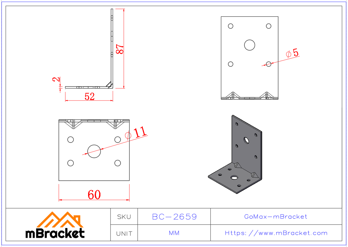 L型角码连接件 - 2*60*50*90 产品尺寸图