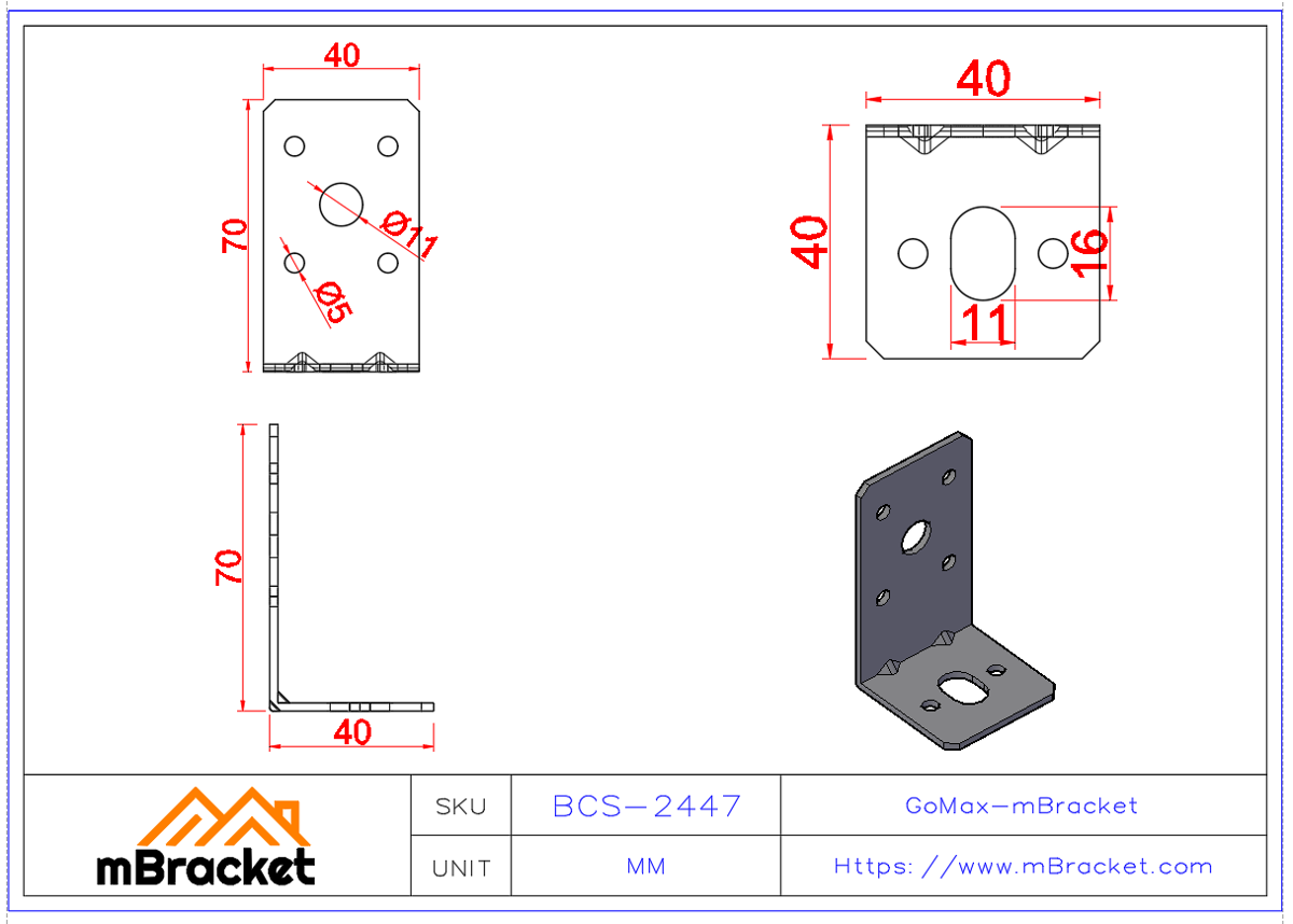 Pequena Cantoneira Conector em L - 2*40*40*70 Dimensões do produto
