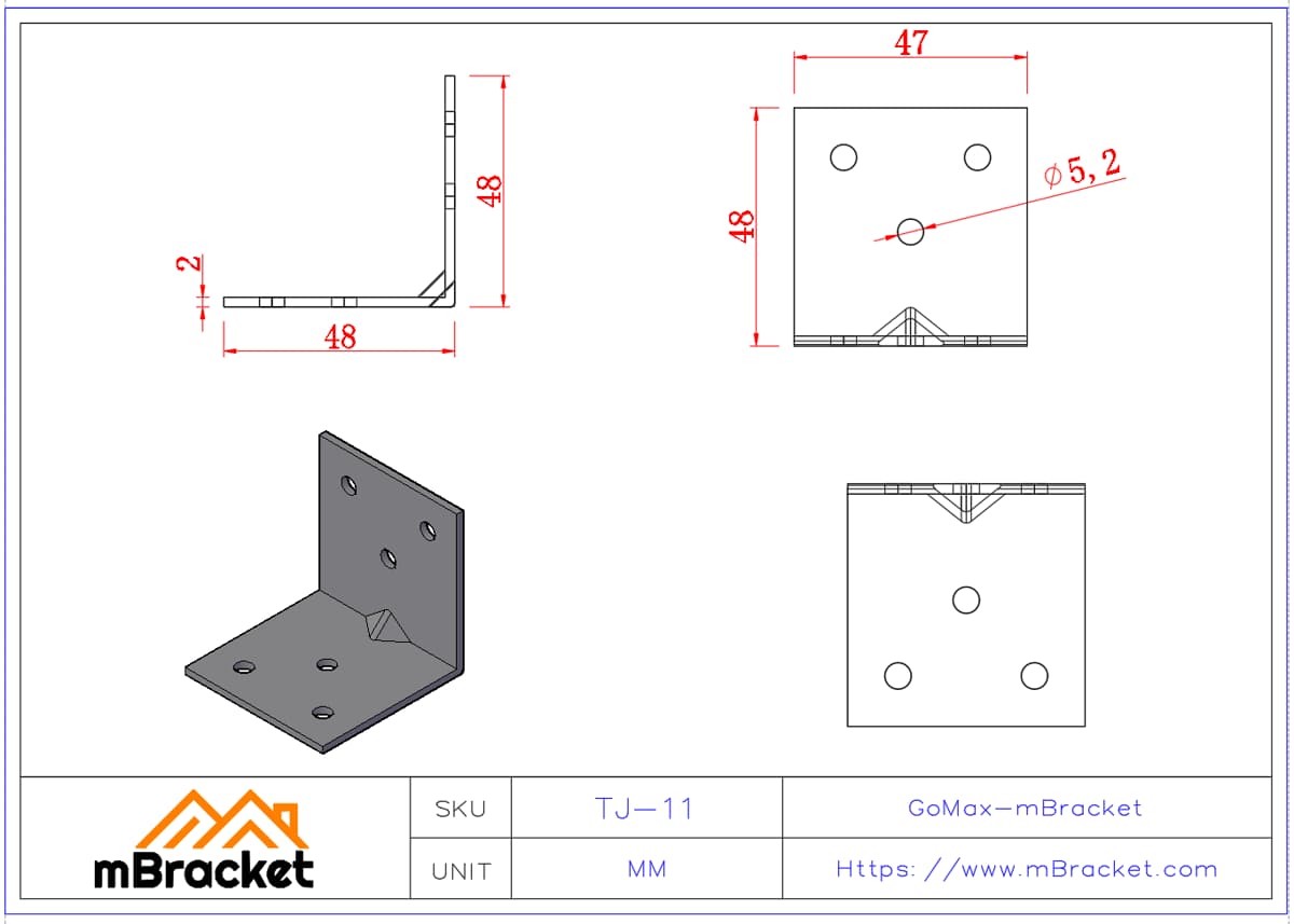 Conector de ángulo en L - 2*50*50*50 Dimensiones del producto