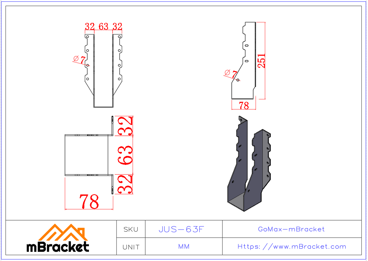Suporte de viga U-Bracket Acessórios para casa de madeira Suporte de viga grande - 2*63*249 Dimensões do produto