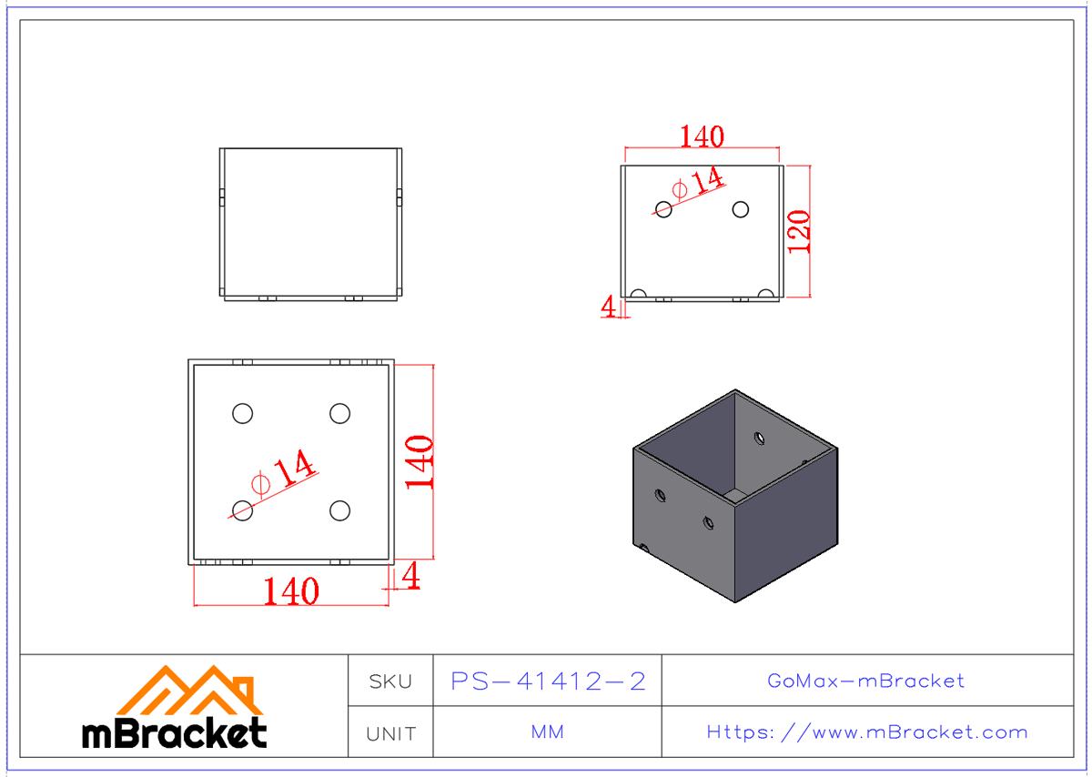 Conector de base de poste cuadrado, zapata de poste, conector de manguito - 4*140*140*120 Dimensiones del producto