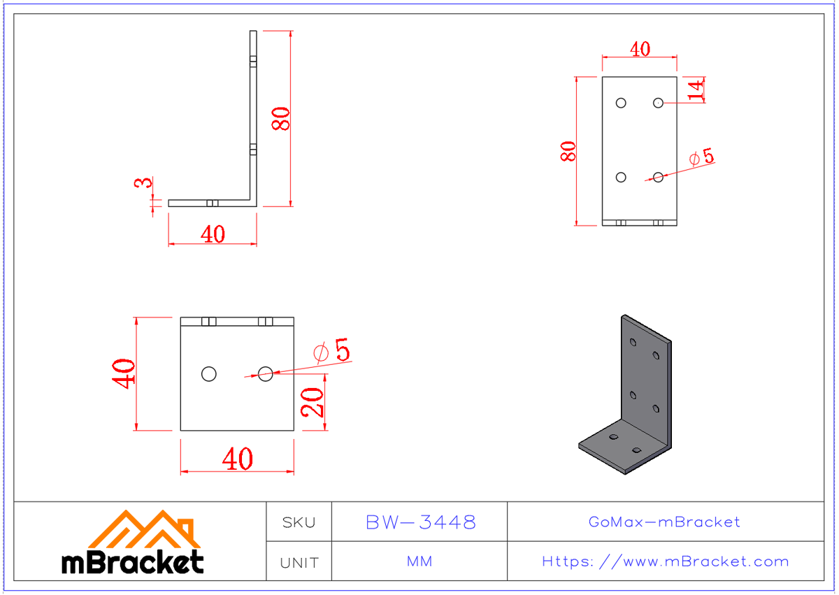 موصل زاوية على شكل L - 3*40*40*80 أبعاد المنتج