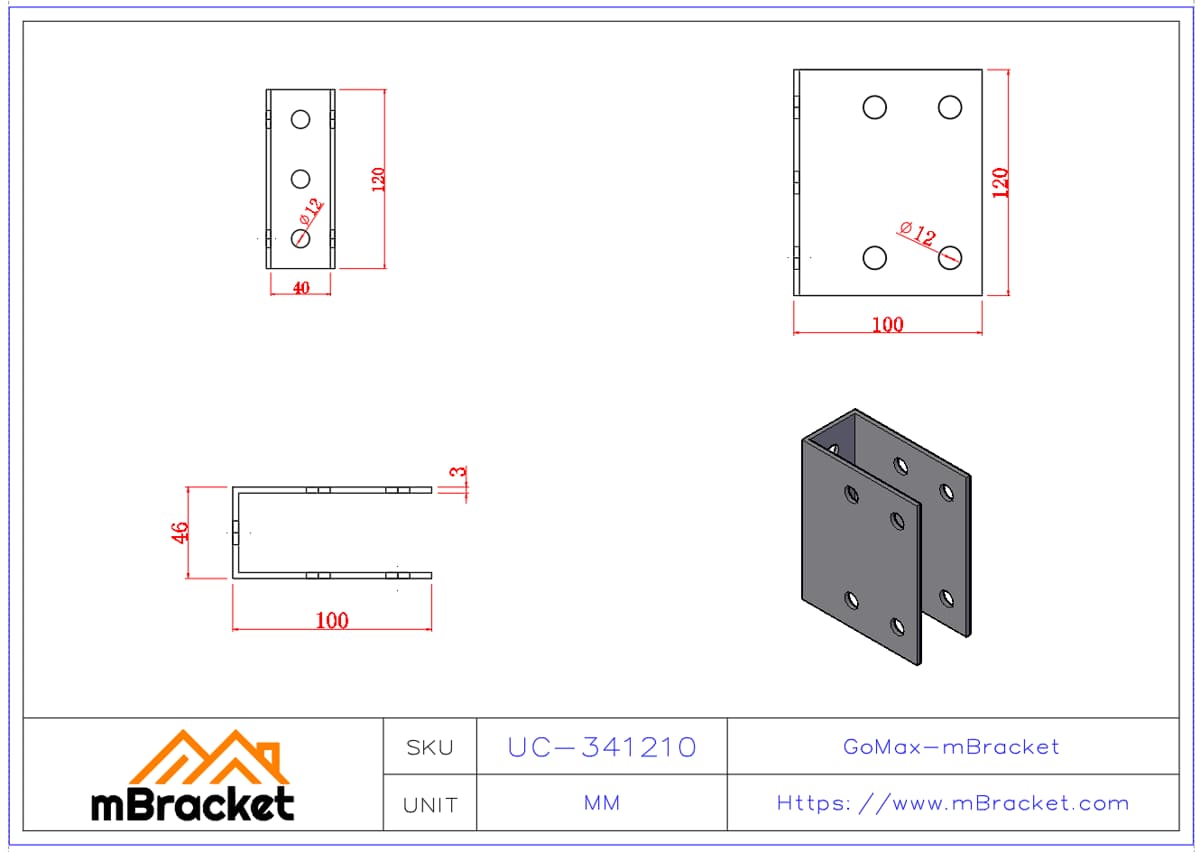 Connecteur de poutre en U dissimulé Sabot de poutre - 3*46*120*100 Dimensions du produit