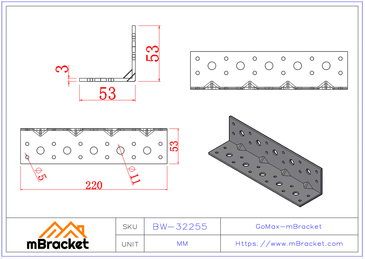 Langer Winkelverbinder L-förmiger Winkelstahl Baustrukturverstärkungsverbinder - 3*220*50*50 Produktabmessungen