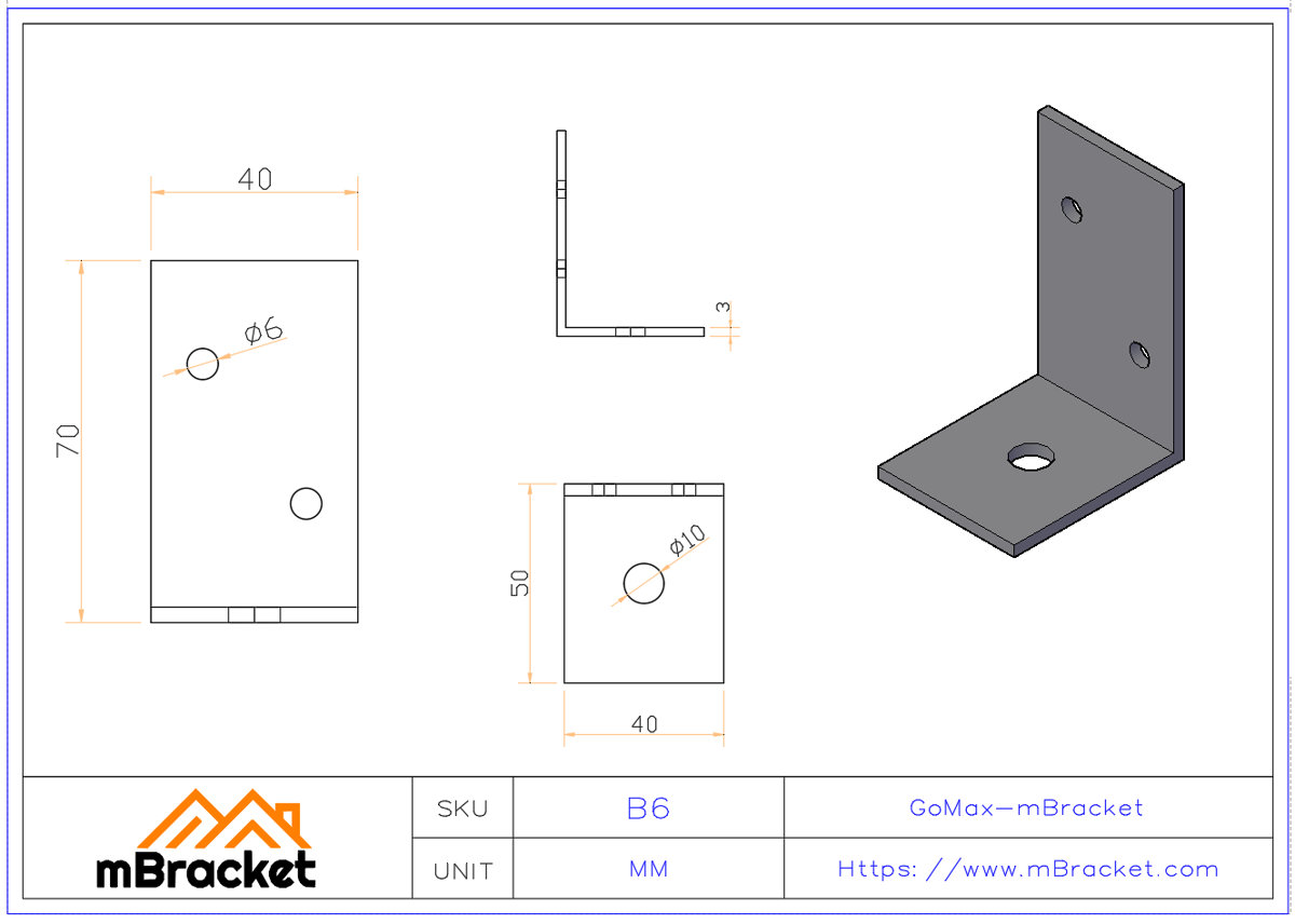L型角码连接件 - 3*40*50*70 产品尺寸图