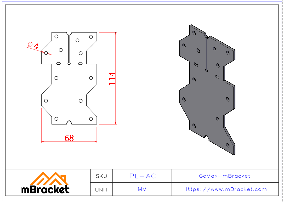 Conector plano para casas de estructura de madera - Placa de conexión metálica plana - 2*68*114 Dimensiones del producto