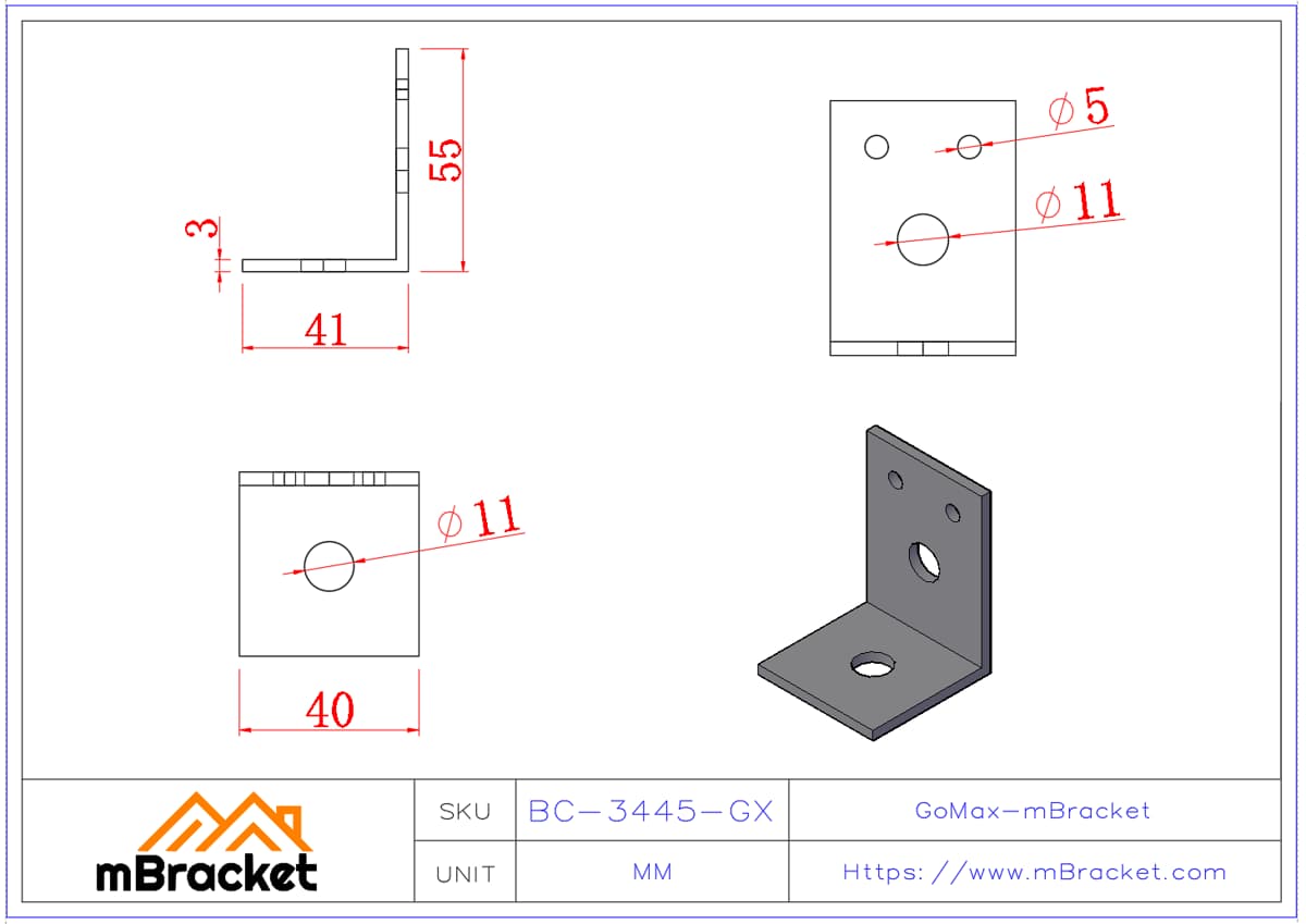 Connecteur d'angle en L - 3*40*40*55 Dimensions du produit