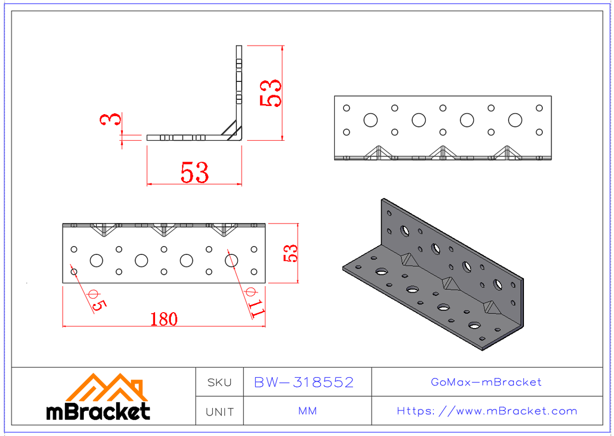 L-Winkelverbinder Winkelverbinder Baukonstruktionsverstärkungshardware - 3*180*50*50 Produktabmessungen