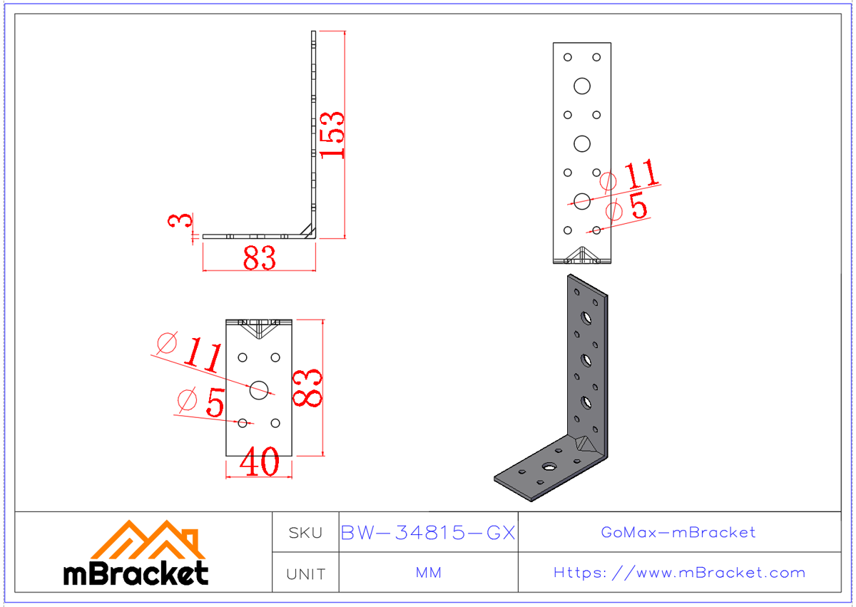Conector de ángulo en L Accesorios de herrajes de refuerzo de estructura de construcción - 3*40*80*150 Dimensiones del producto