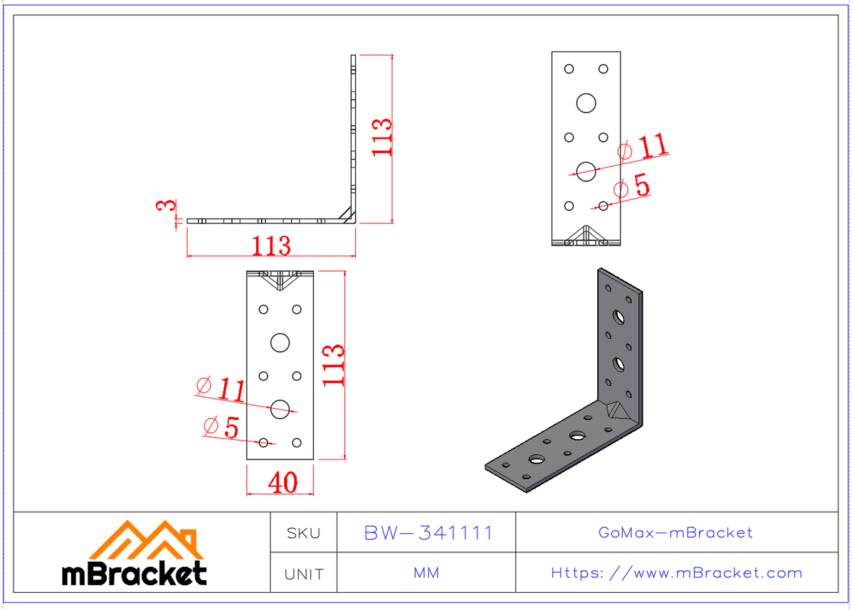 L-förmiger Winkelverbinder Winkelverbindungselemente Baukonstruktionsverstärkungshardware - 3*40*110*110 Produktabmessungen