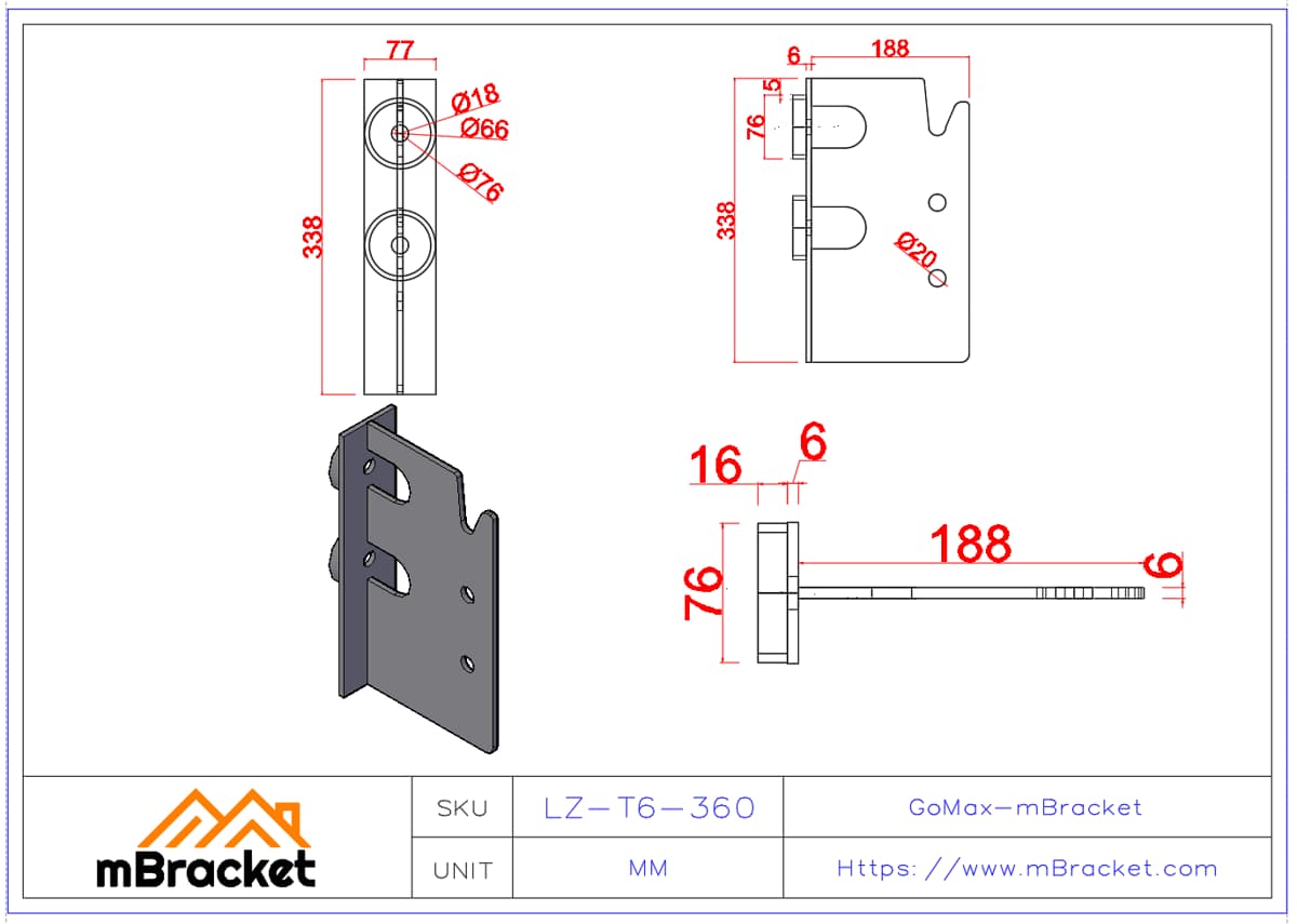 隱藏式T型梁柱連接件 日式木結構房屋連接件 - 6*77*338 產品尺寸圖